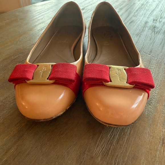 Salvatore Ferragamo Shoes - Salvatore Ferragamo Tan and Red Flats with Gold Accent